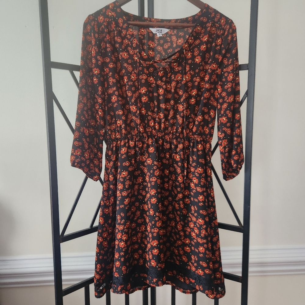 Jack by BB Dakota Women's Small Long Sleeve Black Orange Floral Dress Mini